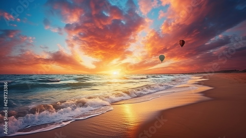 gold pink beautiful sunset at sea  water wave  cloudy sky dramatic clouds seagull fly 