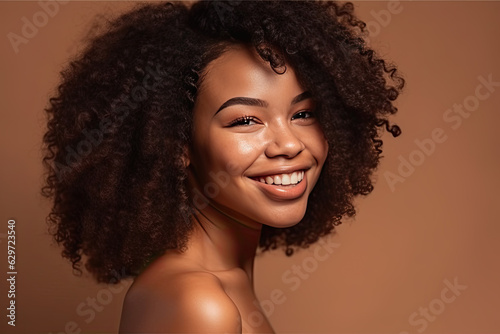 Cute smiling girl with fluffy curly hair looks at the camera on a beige background