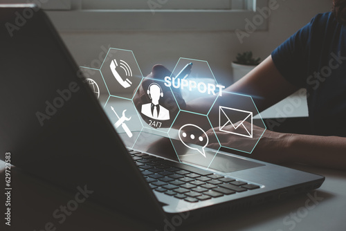 Technical Support Center Customer Service Internet Business Technology Concept. Service support customer help call center Business technology button on virtual screen. Person hand using a laptop. photo
