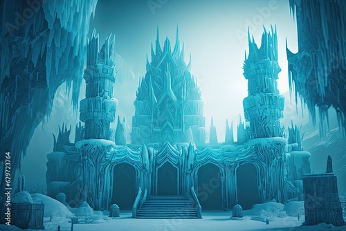 Blue crystal ice castle. Ice citadel. Ice architecture. Generative AI © Soulmate