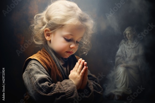 Valokuvatapetti A small child praying to god.