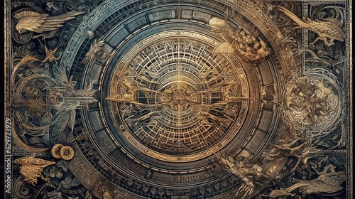 Astrolabe map. Map of consciousness. Golden portal scheme. Generative AI