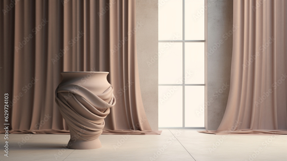 Arrière-plan de décoration avec vase et rideau drapé. Dans un style antique, chic et élégant. Couleurs claires. Luxe et richesse. Arrière-plan de décoration avec vase et rideau drapé. Dans un style antique, chic et élégant. Couleurs claires. Luxe et richesse.