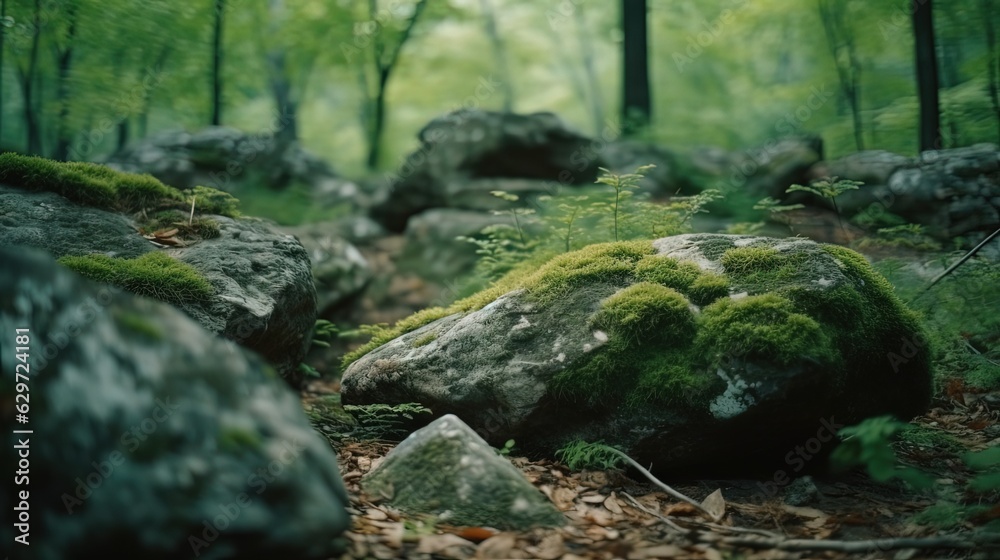 Mossy stones. Nature ground. Mother nature. Generative AI Mossy stones. Nature ground. Mother nature. Generative AI
