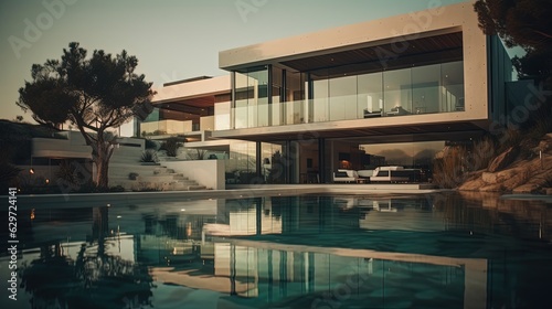 Modern mansion with pool. Generative AI © Soulmate