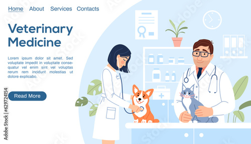 Young veterinarians with dog and cat examining cute animals on pet hospital background. Veterinary medicine landing page. Flat line website template with button Vet clinic homepage vector illustration