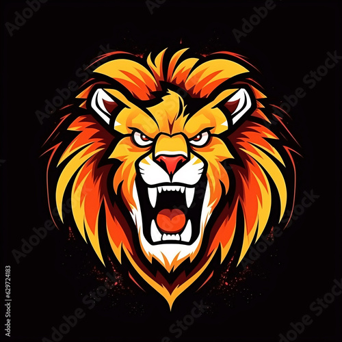 a fiery colorful lion head logo on a black background - generative AI, AI generated