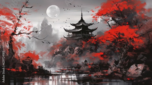 Oriental landscape with temple and moon. In style of vector illustration. Generative AI