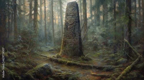 Giant Celtic stone totem in forest. In style of oil painting illustration. Generative AI