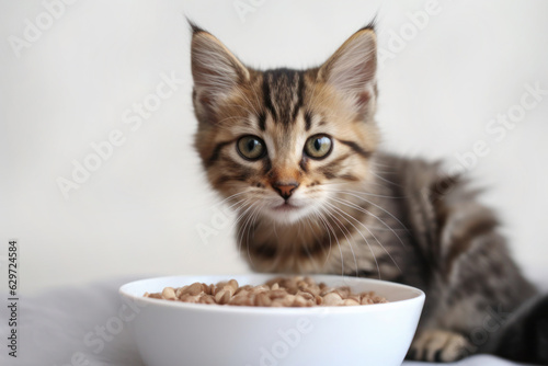Kitten near a bowl of food, nutrition concept, generative AI