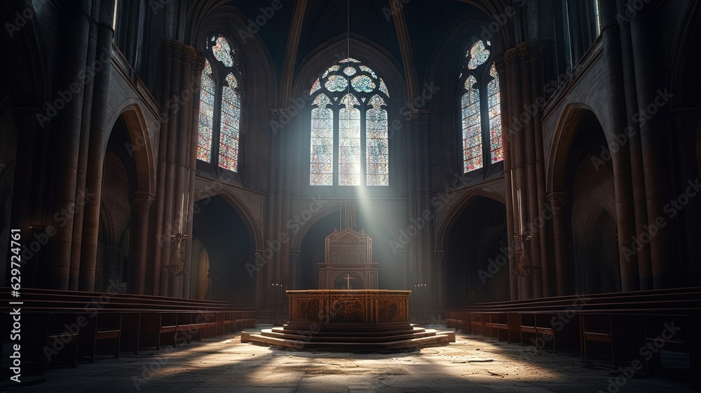 Inside large ancient sunlit Cathedral. Generative AI