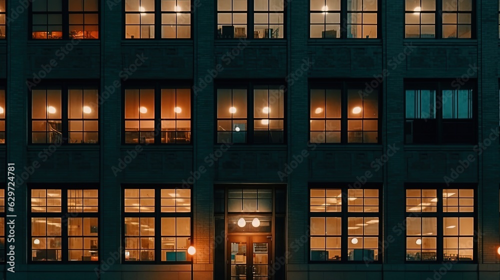 Building windows at night. Generative AI Building windows at night. Generative AI