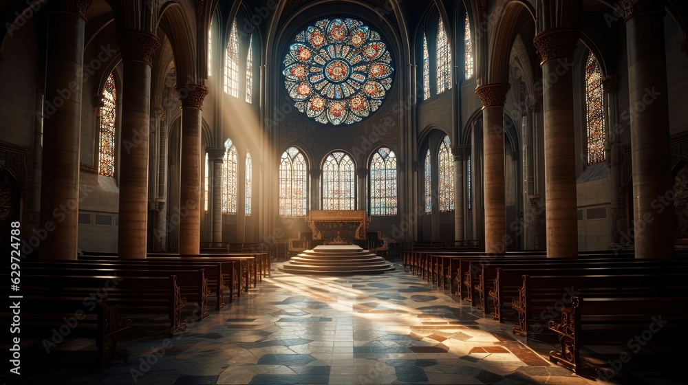 Obraz premium Inside large ancient sunlit Cathedral. Generative AI