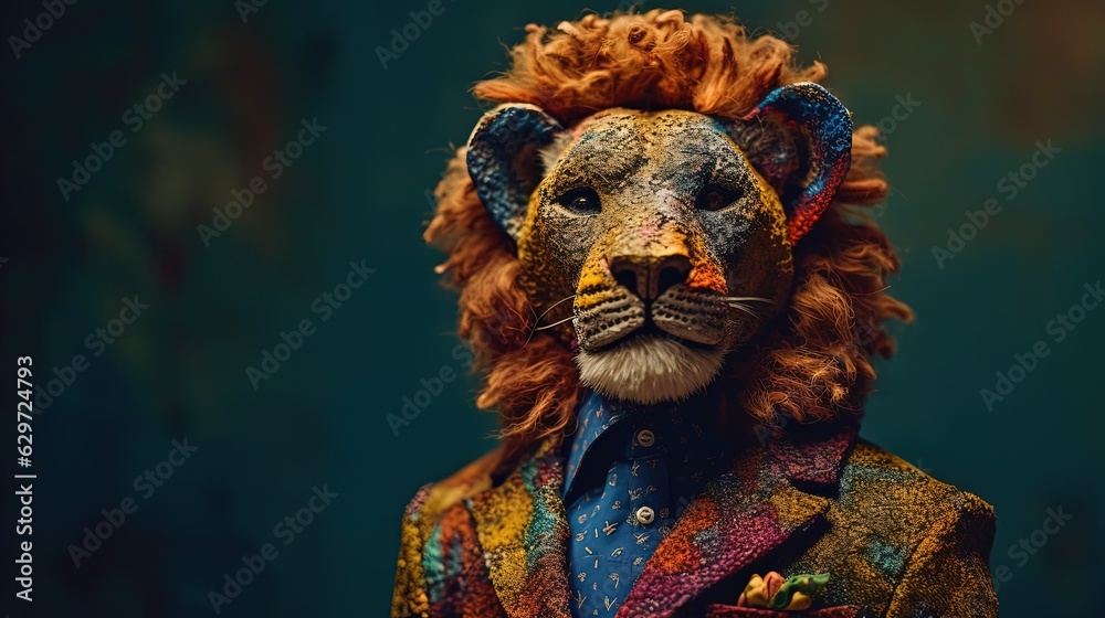 Obraz premium Anthropomorphic lion wearing fashion colorful suit. Generative AI