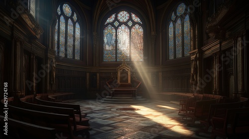 Inside large ancient sunlit Cathedral. Generative AI
