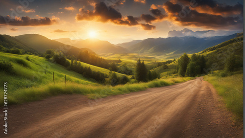 art Beautiful mountainous rural landscape; mountainous landscape panorama with dirt road and cloudy sky at sunset. backlight sunlight