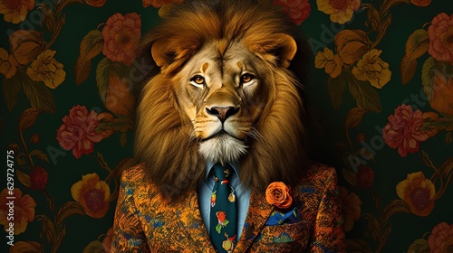 Anthropomorphic lion wearing fashion colorful suit. Generative AI