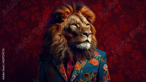 Anthropomorphic lion wearing fashion colorful suit. Generative AI