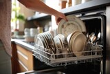 A woman's hand is loading dishes, emptying or unloading a dishwasher with dishes. The housewife puts the plate in the dishwasher or takes it out. Kitchen appliances, lifestyle.Generative AI