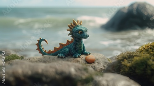 Blue dragon figurine on stones near sea. Generative AI