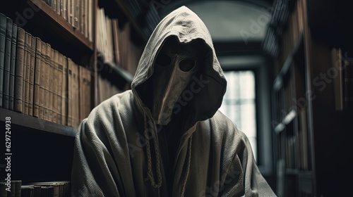 Creepy person wearing mask and gray hoodie standing in library. Generative AI