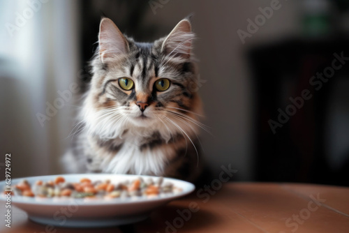 Cat near a bowl of food, nutrition concept, generative AI © aamulya