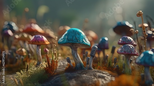 Colored mushrooms on stone in forest. Generative AI