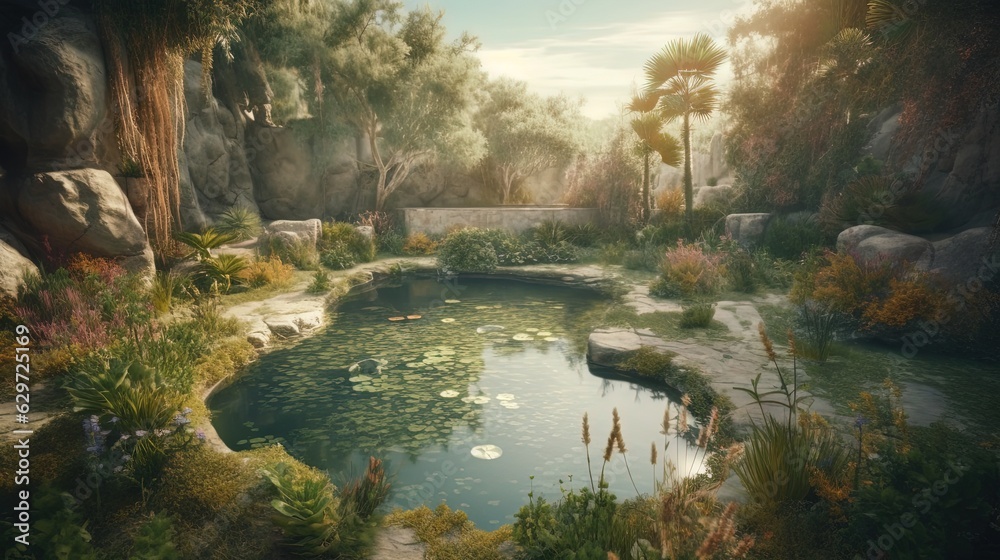 Secret pond inside stone building. Generative AI