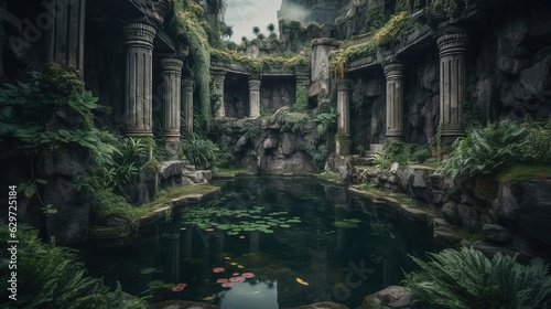 Secret pond inside stone building. Generative AI © Soulmate