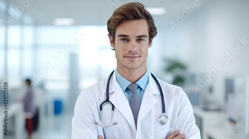 Portrait of young man doctor with stethoscope at bright white hospital room. medical male doctor standing in front of blurred hospital background