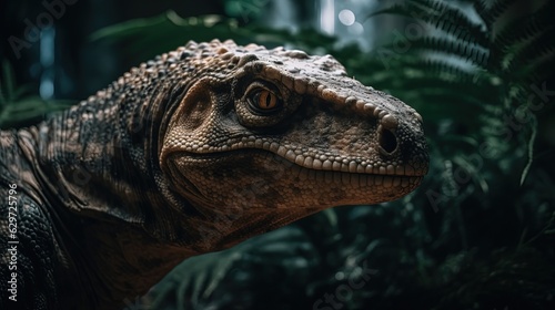 Dinosaur in jungle. Close-up. Generative AI