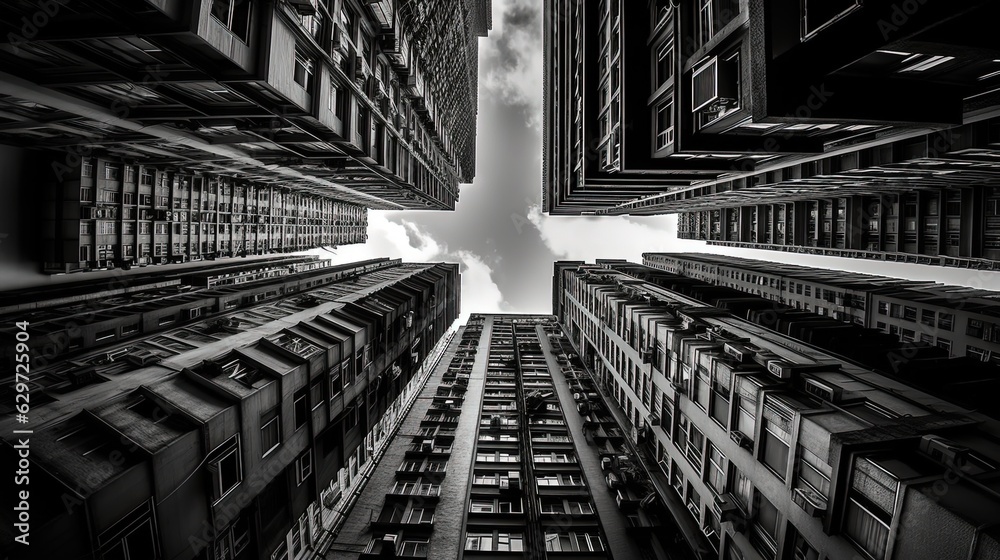 Bottom view of the houses. Between houses. Black and white. Generative AI Bottom view of the houses. Between houses. Black and white. Generative AI