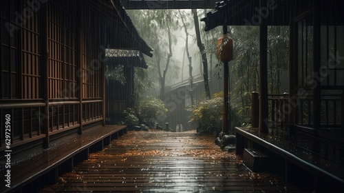 Rain atmosphere with house in forest. Generative AI