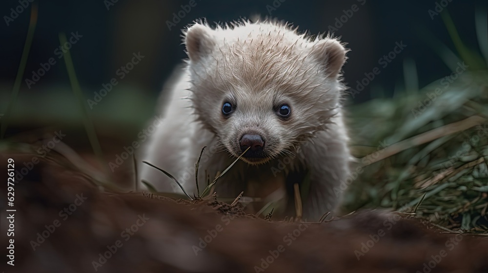 Obraz premium Tiny white polar bear in forest. Generative AI