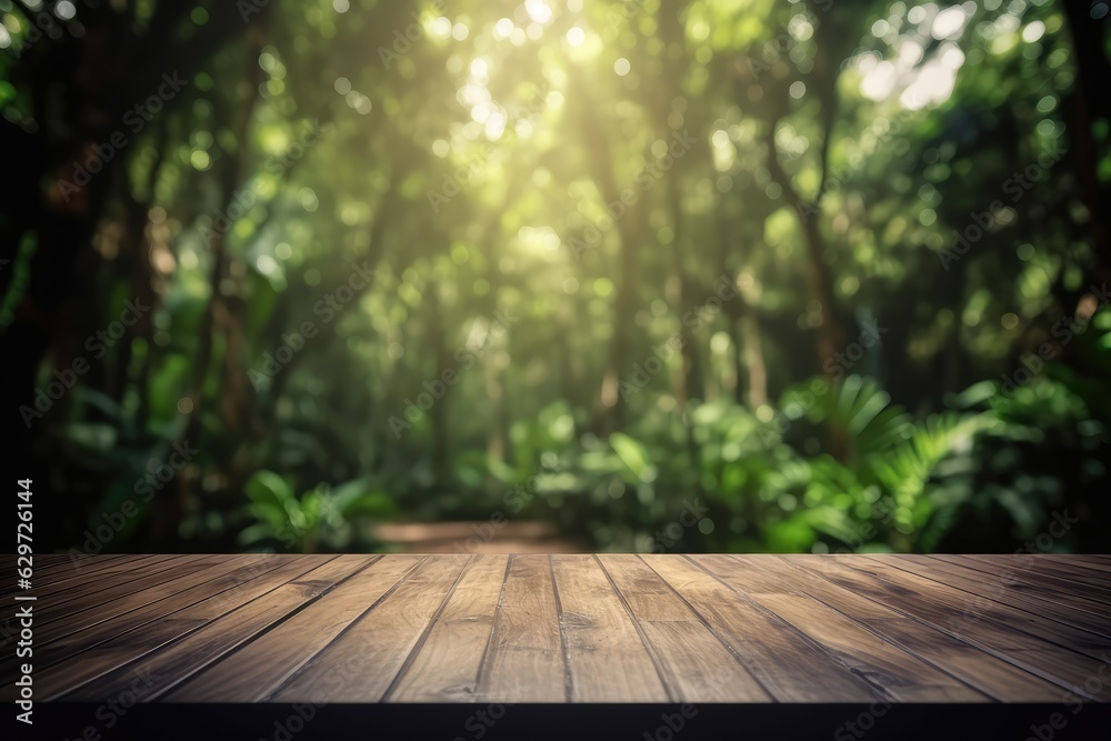 Empty wood table top with blur jungle background, AI