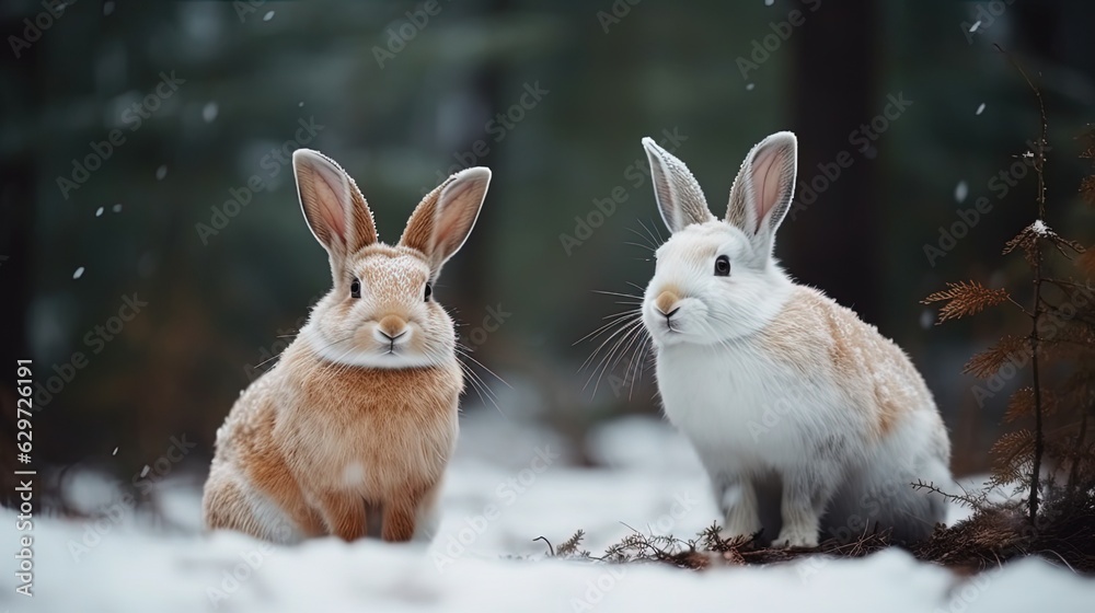 Two cute rabbits on snowy ground in forest. Generative AI Two cute rabbits on snowy ground in forest. Generative AI
