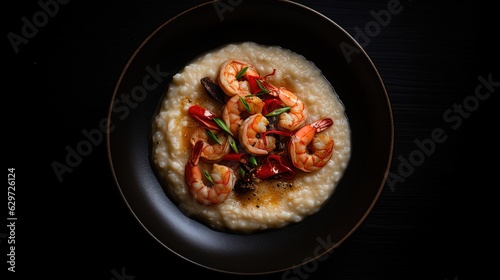 Shrimps with grits dish in black plate. Generative AI