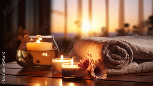 spa concept cozy atmosfear,soft candle blurred light,beautiful tropical flowers
