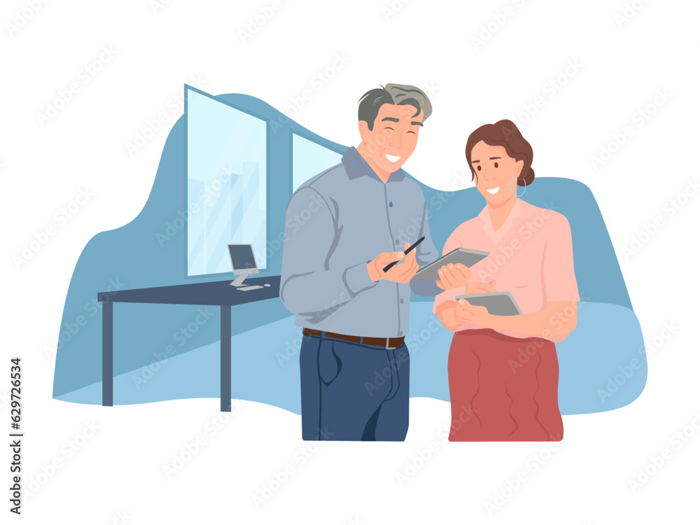 Fototapeta premium Woman teaching tablet to colleague in office.