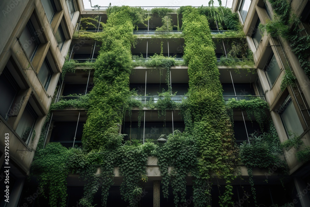 Vertical green architecture. Green lanscape architecture. Plants groving vertically on buildengs fasade