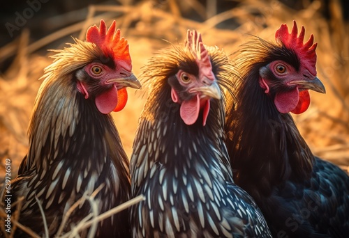 chickens walking around the farm yard. Generative AI © Margo_Alexa