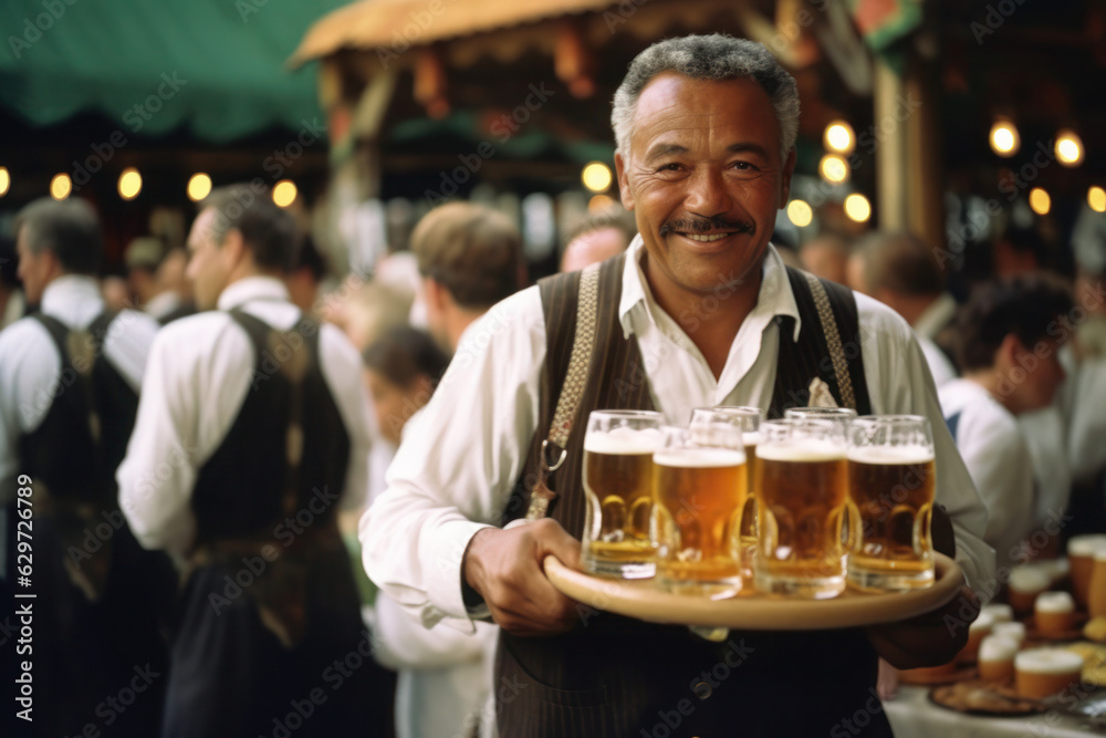 Oktoberfest Senior man holding beer, Generative AI