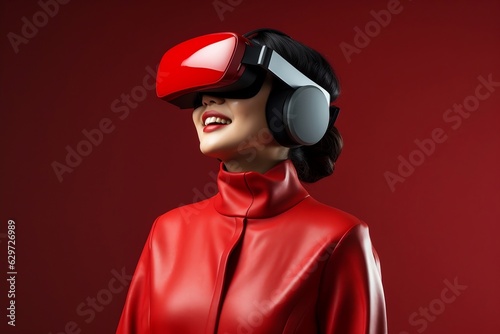Asian Beautiful young female Wearing Virtual reality headset with clear background. Technology digital Futuristic innovation device concept © rzrstudio