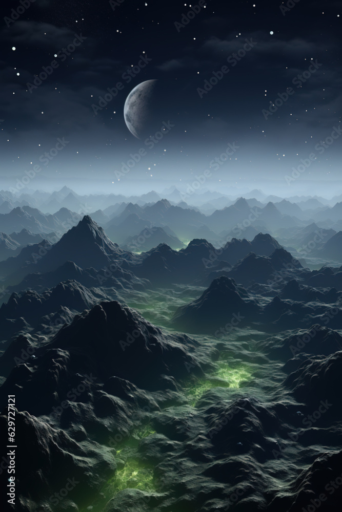 Misty mountains night sky, mystical landscape with moon. Generative AI.