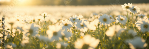Field of daisies with sunlight. Generative AI.