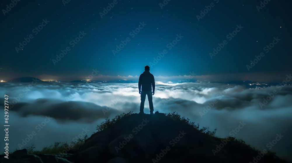Man standing on the top of mountain at night under clouds. A male standing on the top of the rock under the clouds. night scene. blue sky.