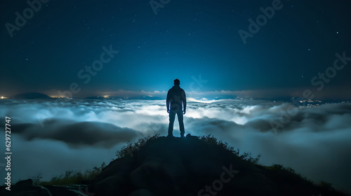 Man standing on the top of mountain at night under clouds. A male standing on the top of the rock under the clouds. night scene. blue sky.
