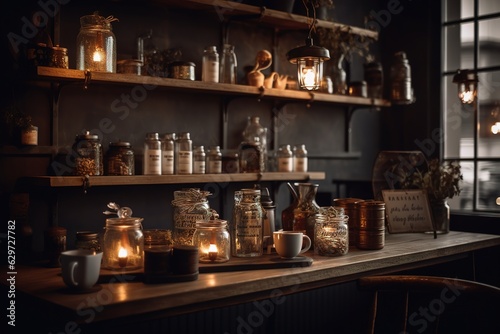 Scandinavian kitchen interior with cozy warm light. Hygge atmosphere