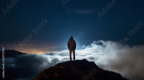 Man standing on the top of mountain at night under clouds. A male standing on the top of the rock under the clouds. night scene. blue sky. © AspctStyle