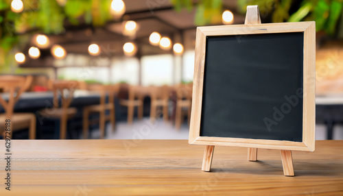 Fotografie Blackboard menu with easel on wooden table with blur restaurant background, Copy